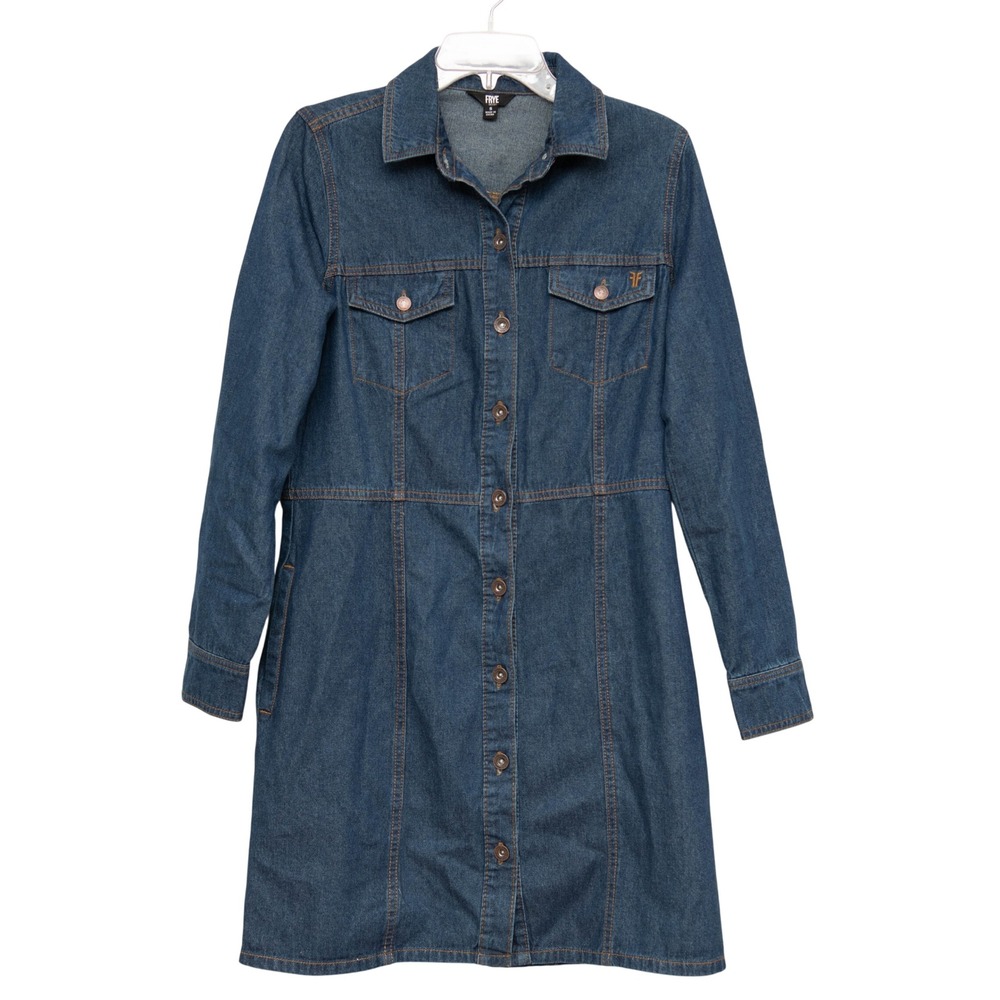 FRYE Denim Dress Sz S Button Front Pockets Western Boho Chic Cowgirl ClassicCore